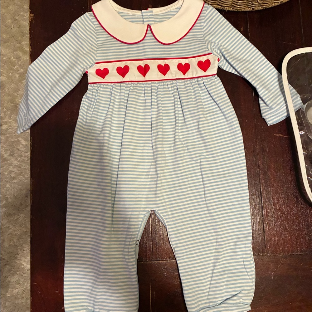 Striped Blue and White Kids One Piece with Red Heart Accents